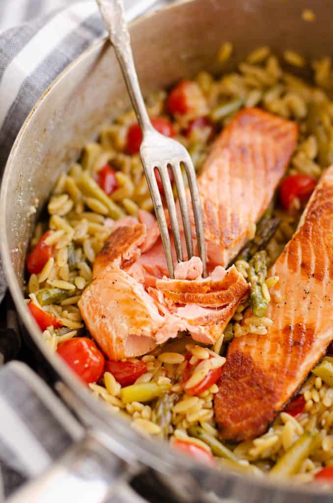 Lemon Salmon Orzo Skillet bite with fork