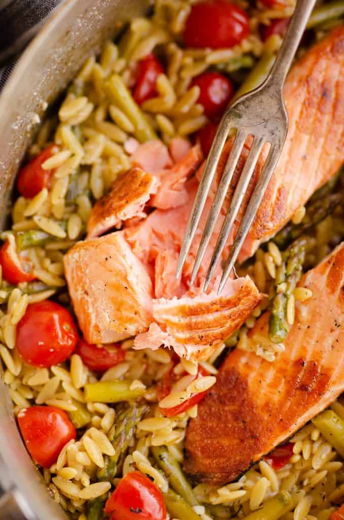 Lemon Salmon Orzo Skillet fork bite