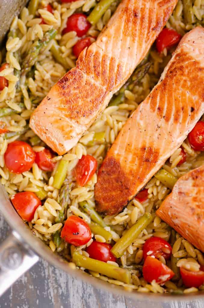 Lemon Salmon Orzo Skillet in saute pan