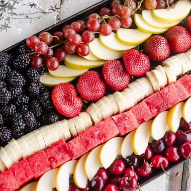 Patriotic Flag Fruit Platter on cookie sheet