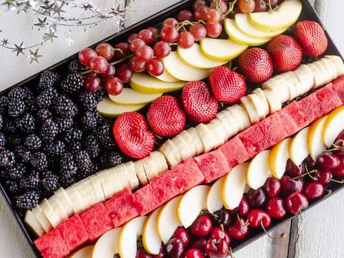 Patriotic Flag Fruit Platter on cookie sheet