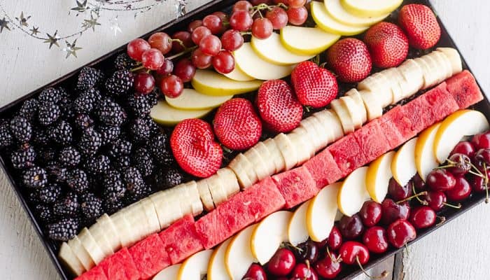 Patriotic Flag Fruit Platter on cookie sheet