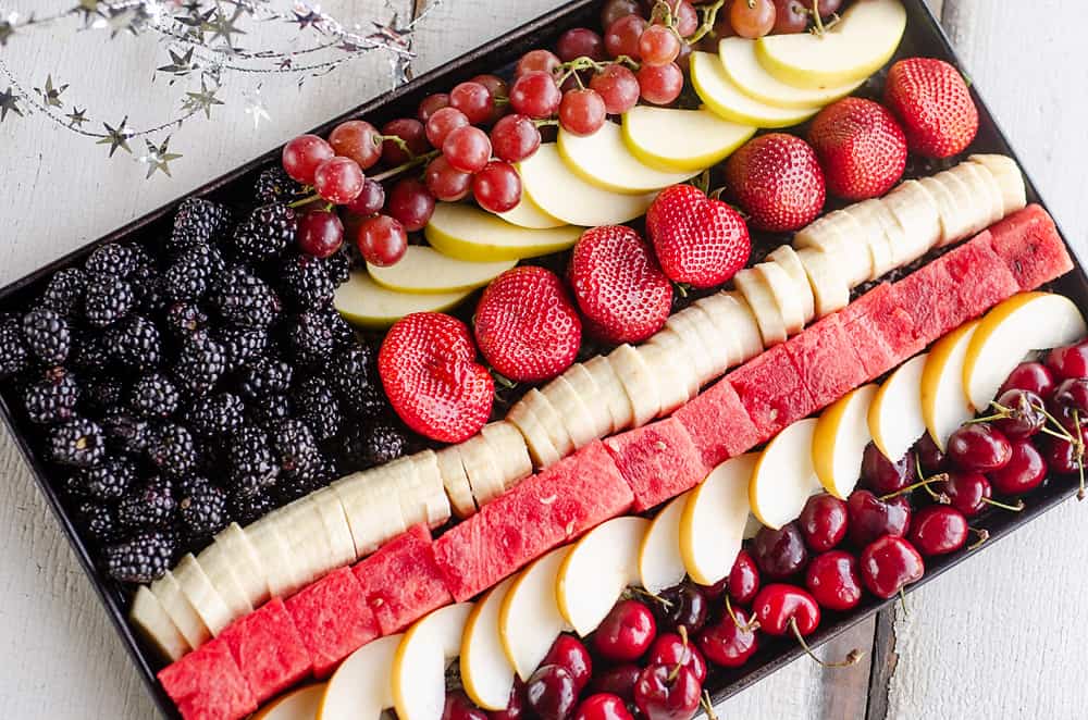 Patriotic Flag Fruit Platter on cookie sheet