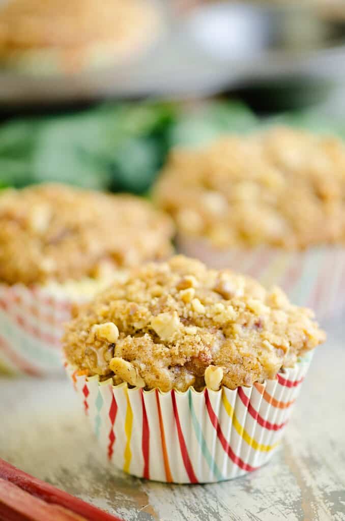 rhubarb muffin with walnut streusel on table