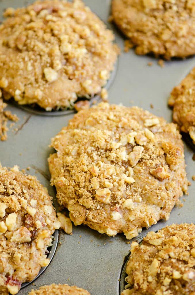 top of rhubarb streusel muffin in muffin tin