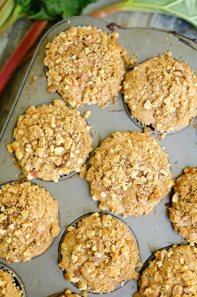 rhubarb streusel muffins baked in muffin tin