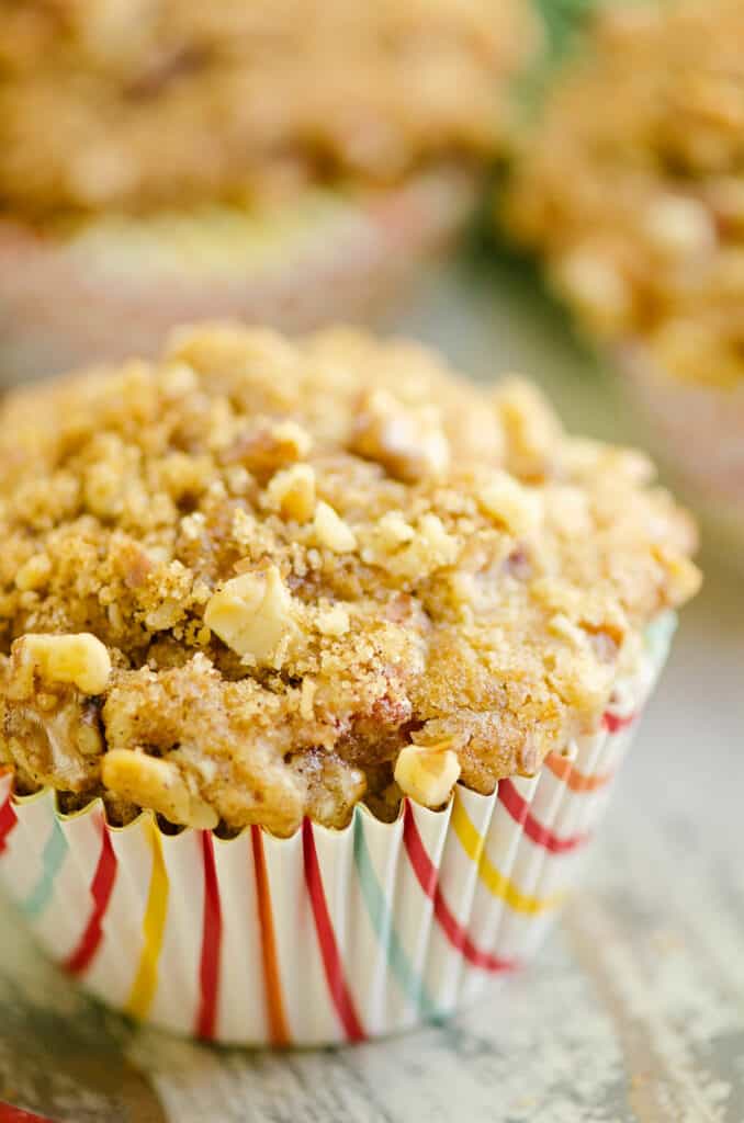 rhubarb streusel muffin in rainbow liner