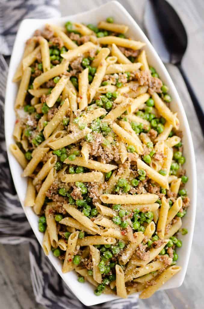 Brown Butter Sausage Penne Pasta served on dinner table