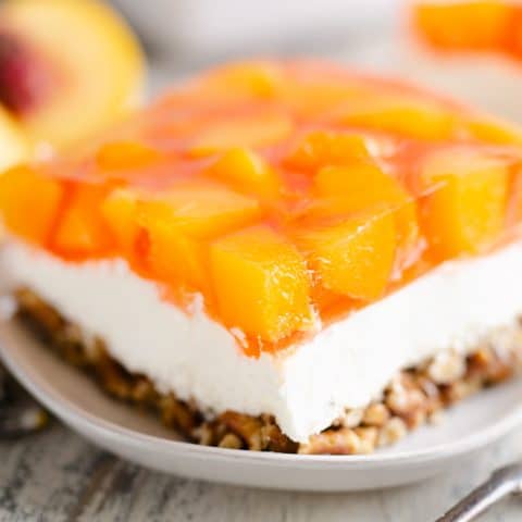 Peach Pretzel Salad Dessert slice served on plate