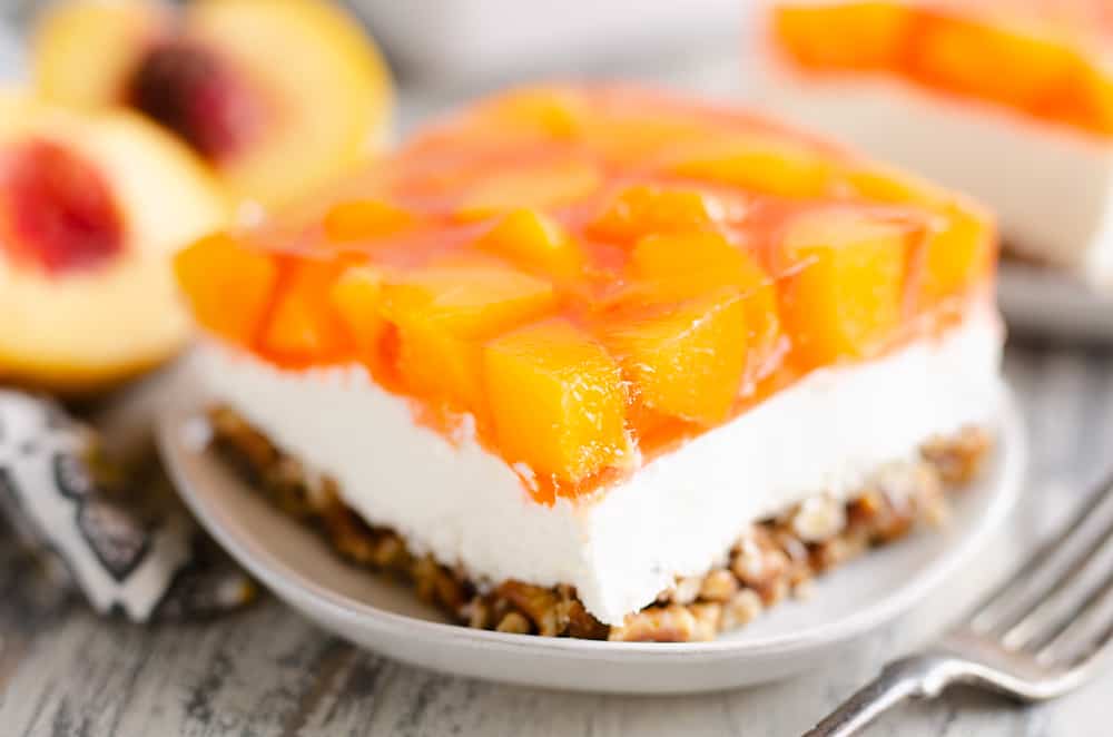 Peach Pretzel Salad Dessert slice served on plate