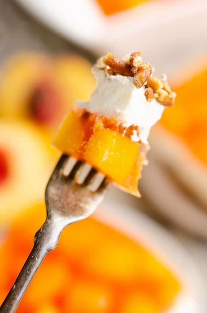 Peach Pretzel Salad Dessert bite on fork