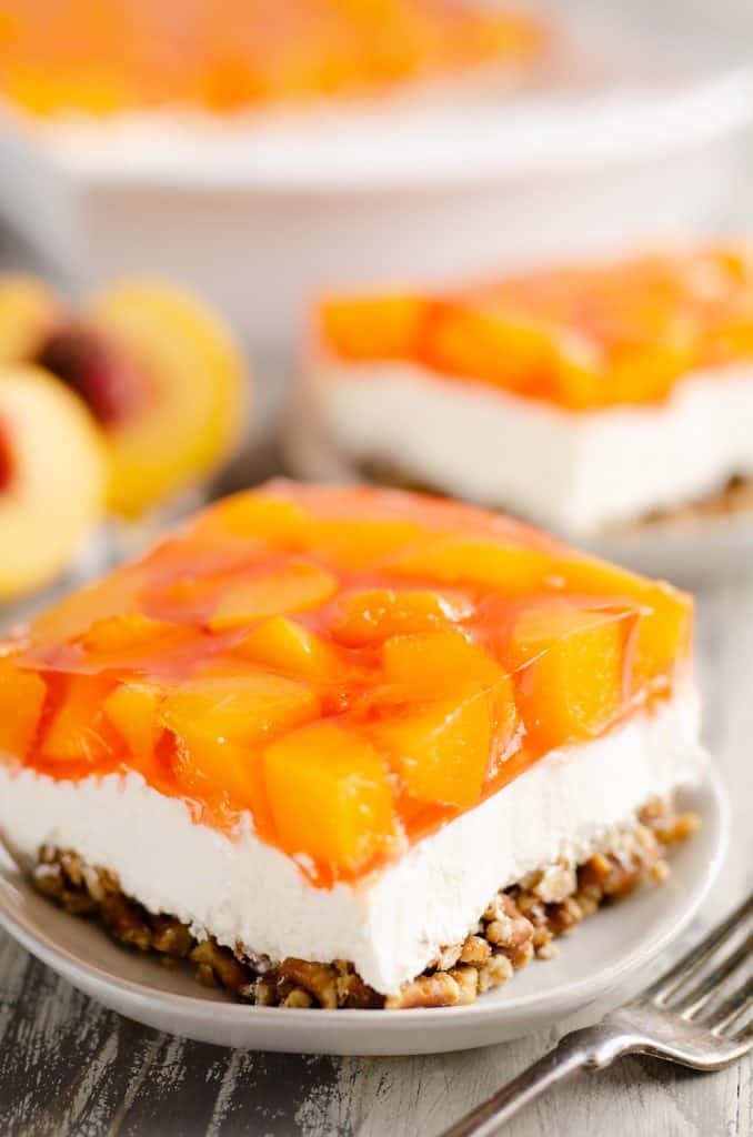 Peach Pretzel Salad Dessert slice served on plate