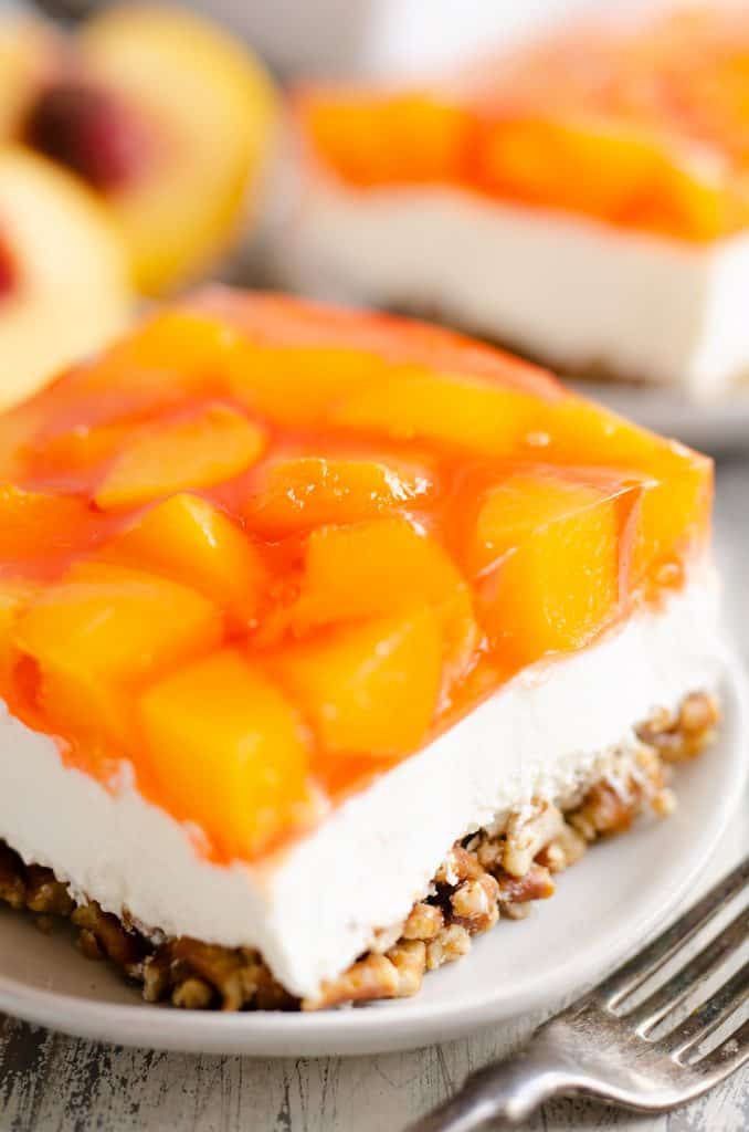 Peach Pretzel Salad Dessert piece served on plate