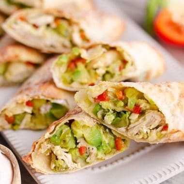 Air Fryer Avocado Chicken Egg Rolls served on appetizer plate