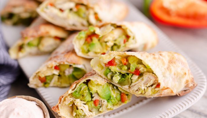 Air Fryer Avocado Chicken Egg Rolls served on appetizer plate