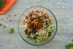 Broccoli Bacon Salad ingredients in bowl