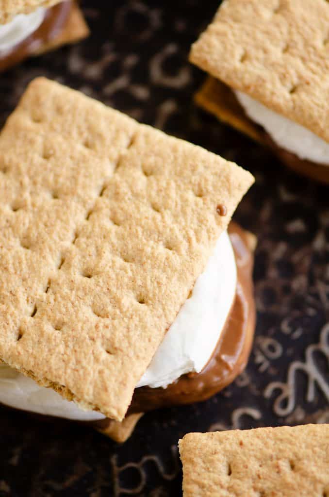 Peanut Butter Cup S'mores In The Oven with melted marshmallow and chocolate