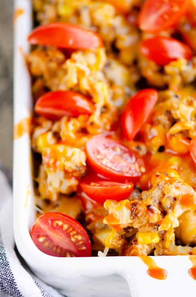 Pressure Cooker Buffalo Chicken Quinoa in casserole