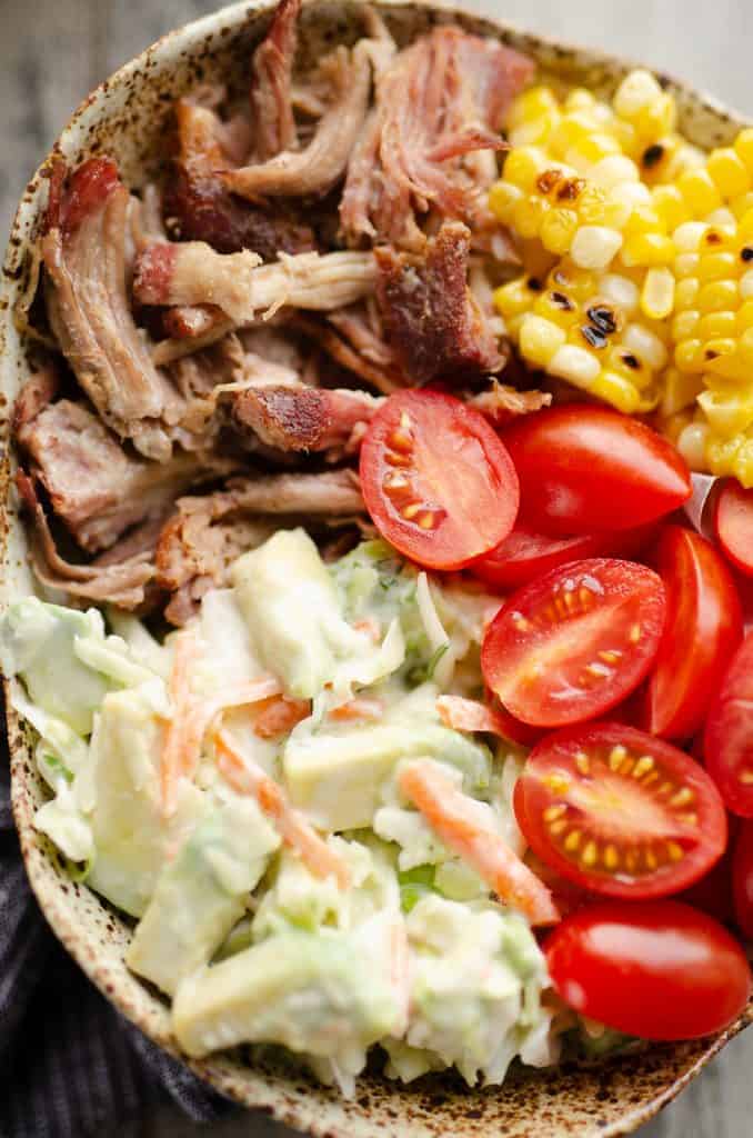 Pulled Pork Bowls with Avocado Slaw closeup