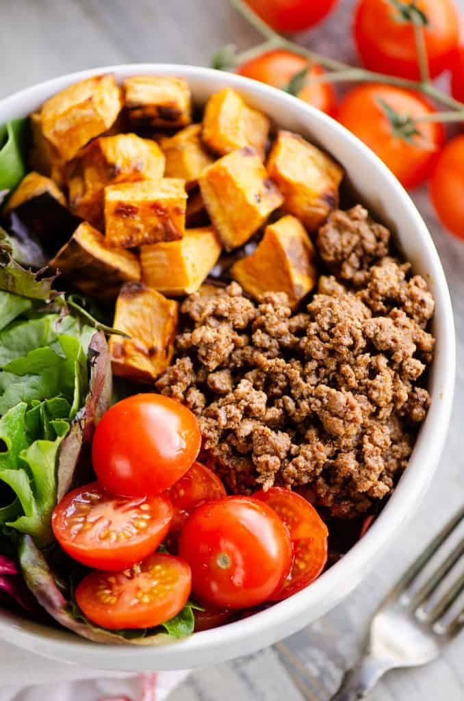 Sweet Potato Taco Bowls served with fork