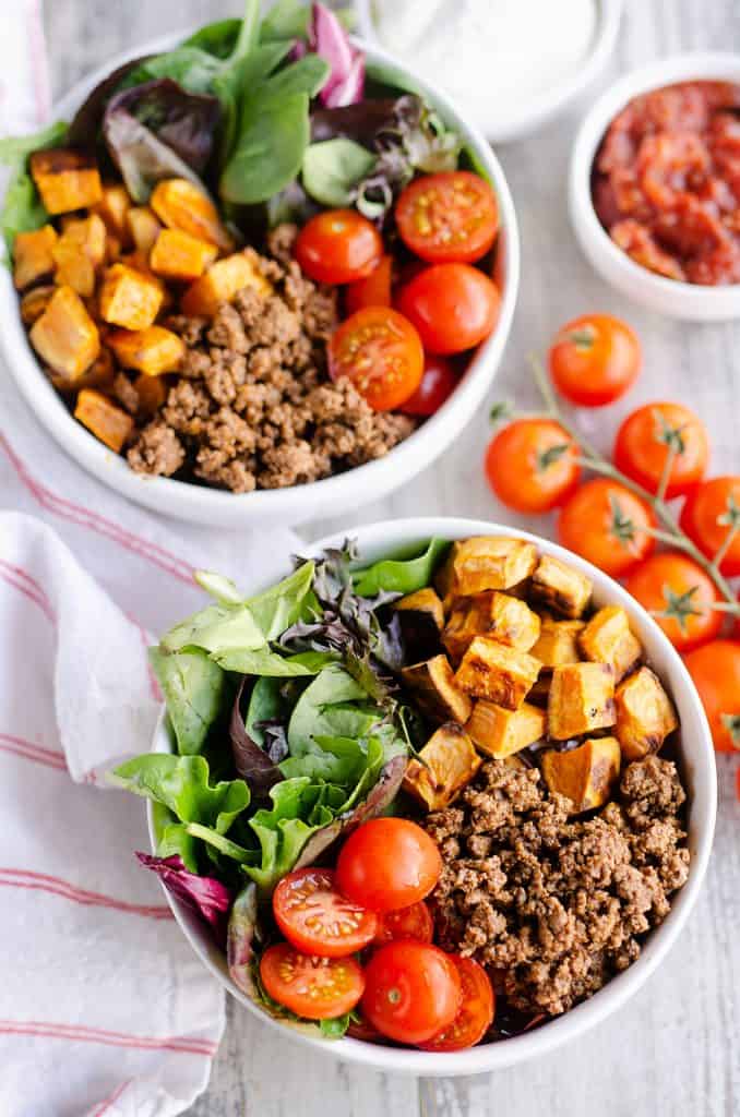 Sweet Potato Taco Bowls with tomatoes on the vine
