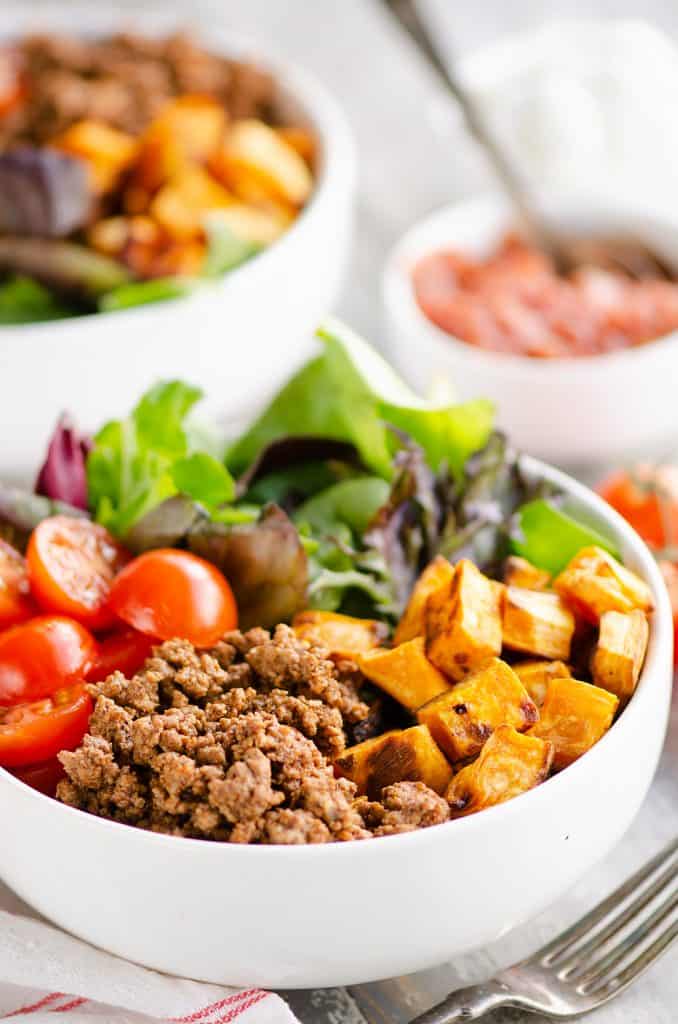 Sweet Potato Taco Bowls served with salsa and yogurt