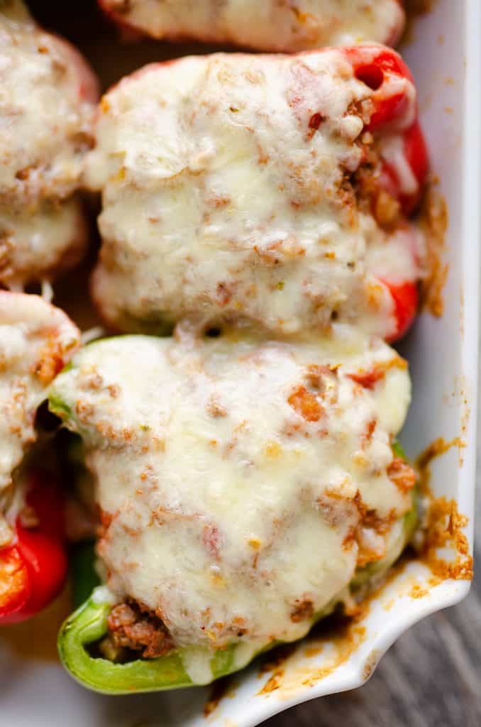 Low Carb Southwest Stuffed Peppers topped with melted pepper jack cheese