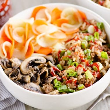 Pressure Cooker Korean Beef Bowl with fork and napkin