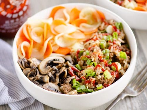 Pressure Cooker Korean Beef Bowl with fork and napkin