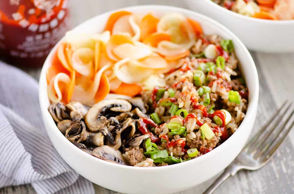 Pressure Cooker Korean Beef Bowl with fork and napkin