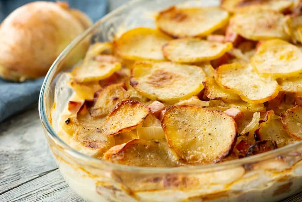 Scalloped Potatoes and Ham in casserole