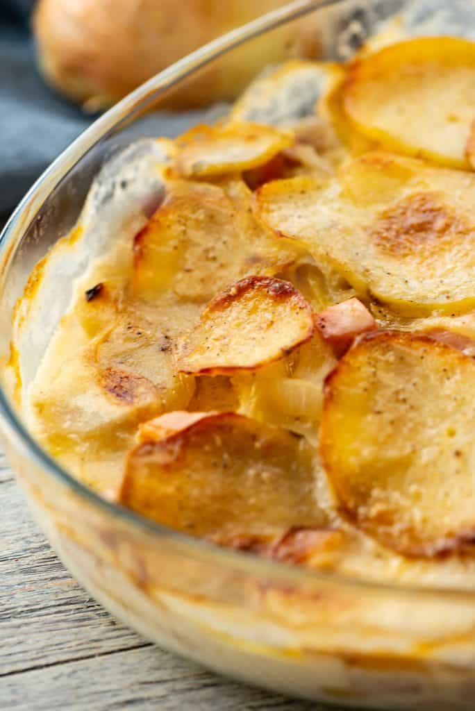 Scalloped Potatoes and Ham in baking dish