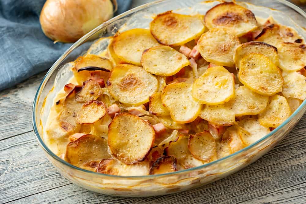 Scalloped Potatoes and Ham in casserole