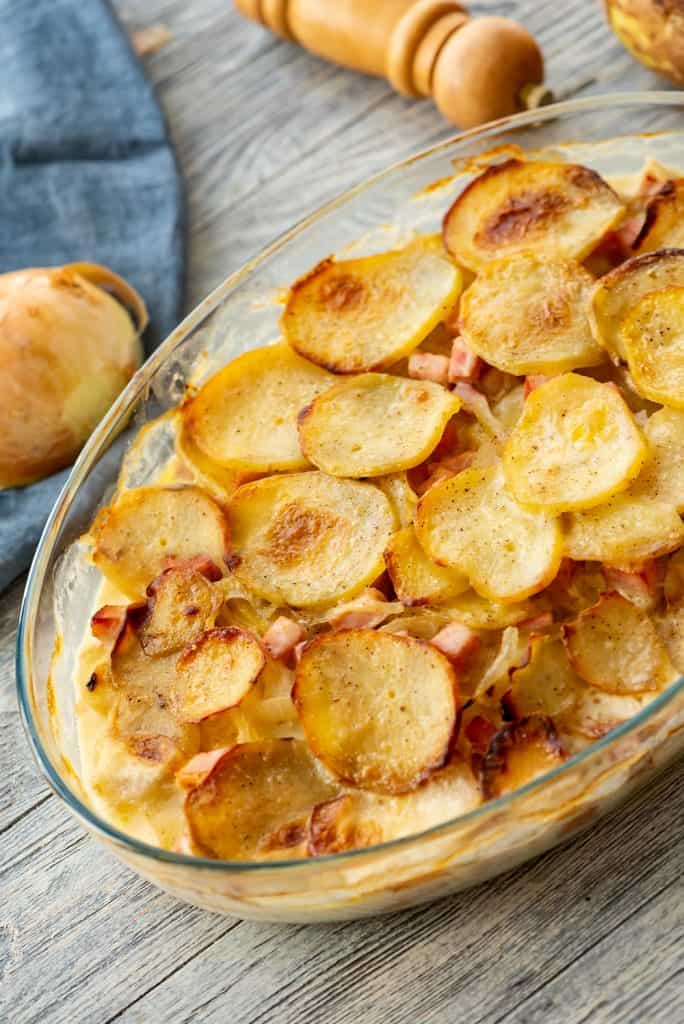 Scalloped Potatoes and Ham on dinner table