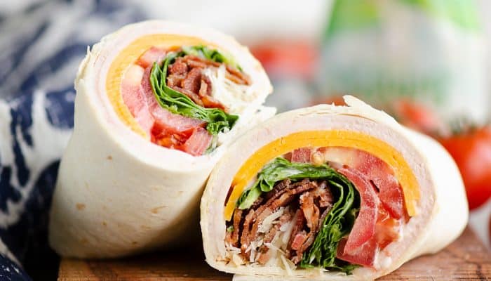 Turkey Bacon Parmesan Ranch Wrap sliced in half