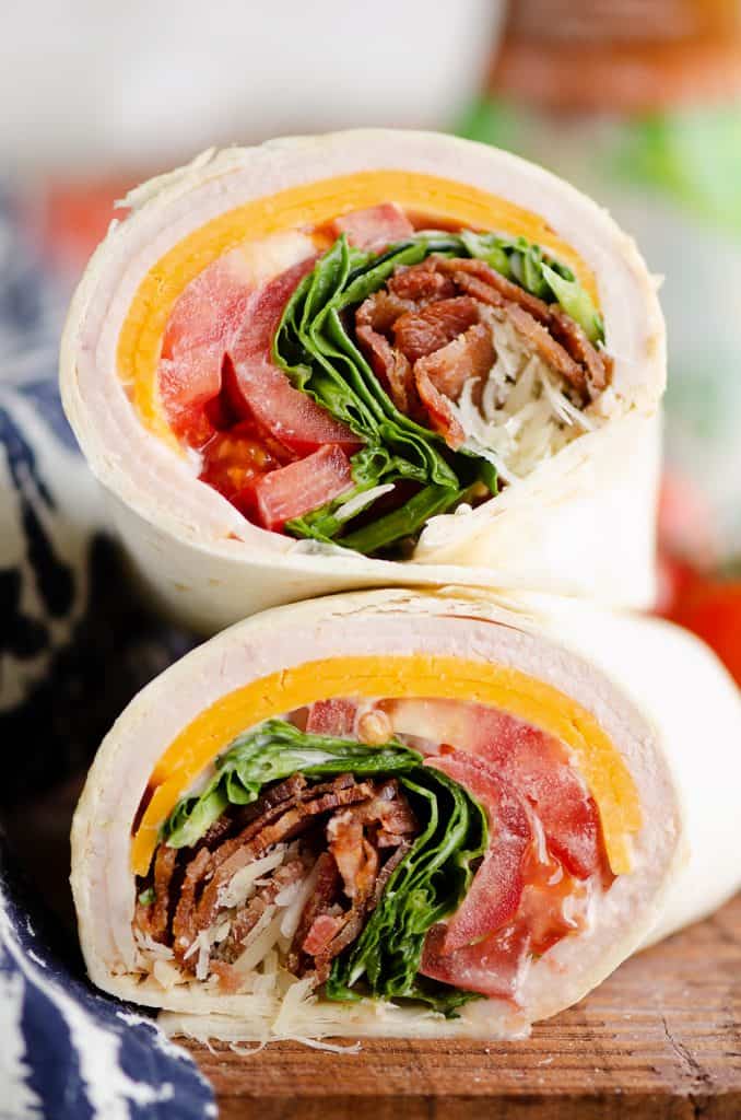 Turkey Bacon Parmesan Ranch Wrap stacked on kitchen counter