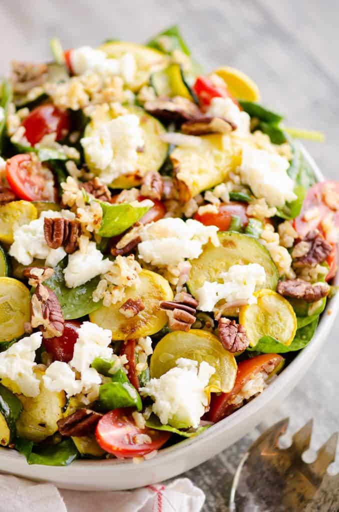 Brown Rice Honey Feta Squash and Brown Rice Salad on table