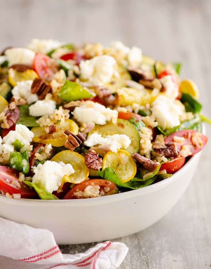 Brown Rice Honey Feta Squash and Brown Rice Salad on table