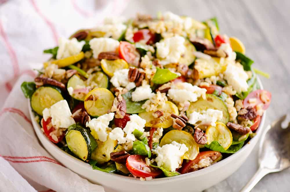 Brown Rice Honey Feta Squash and Brown Rice Salad on table