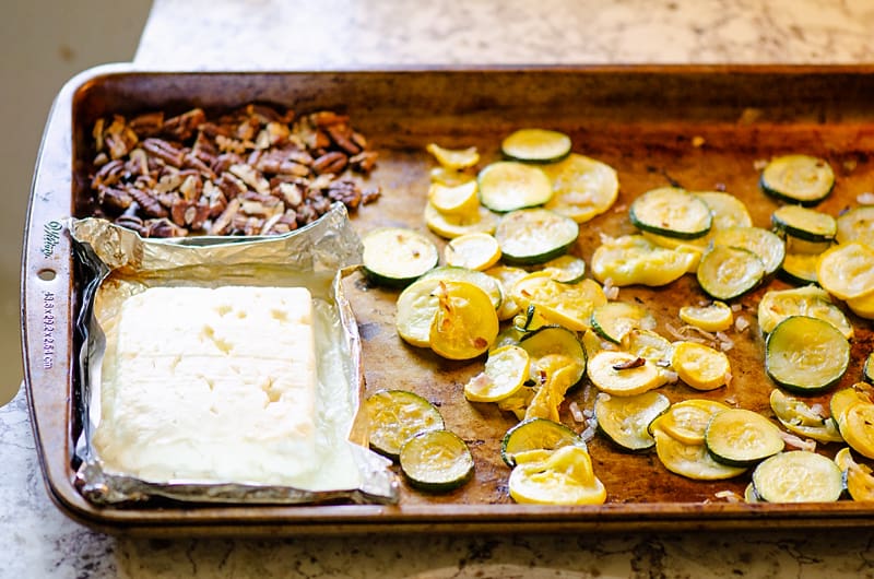 Brown Rice Honey Feta Squash and Brown Rice Salad on sheet pan