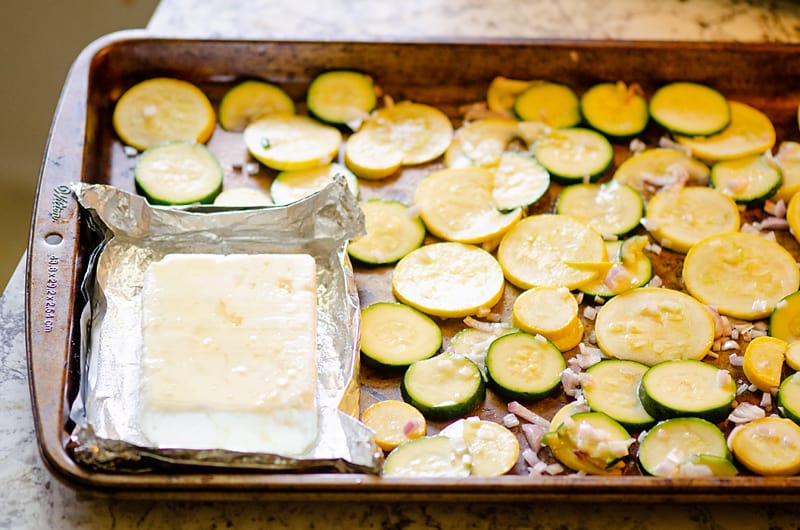 Brown Rice Honey Feta Squash and Brown Rice Salad on sheet pan