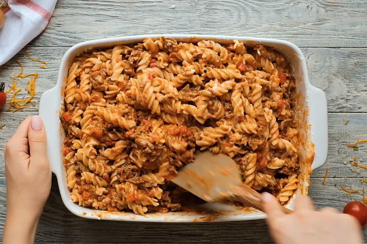 sour cream pasta hotdish mixed in casserole