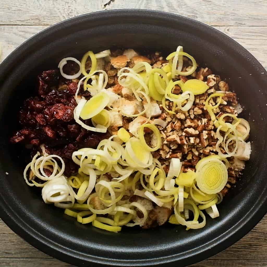 stuffing, cranberries, leeks and pecans in crock pot