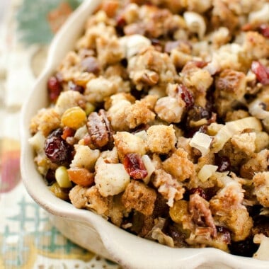baking dish filled with cranberry stuffing