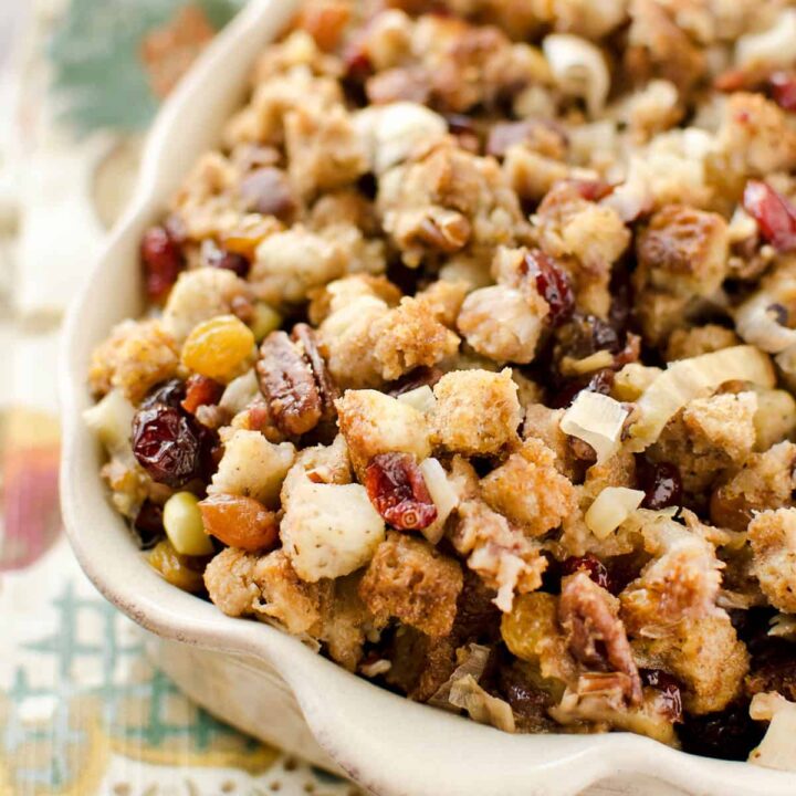 baking dish filled with cranberry stuffing
