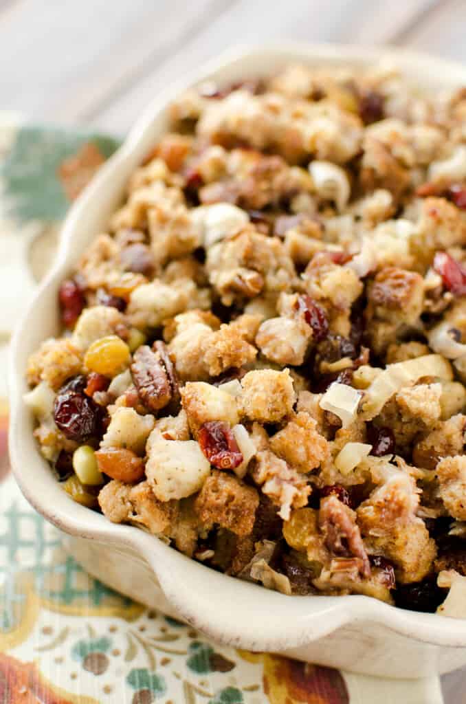 cranberry pecan stuffing in baking dish