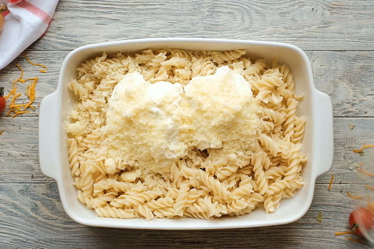 noodles sour cream, cream cheese, and parmesan in casserole