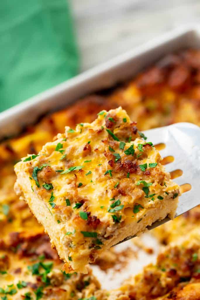 Overnight Sausage Egg Bake piece on spatula