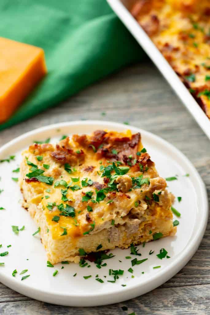 Overnight Sausage Egg Casserole served on plate