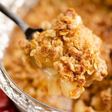 Crispy Pressure Cooker Apple Crisp scooped from pan